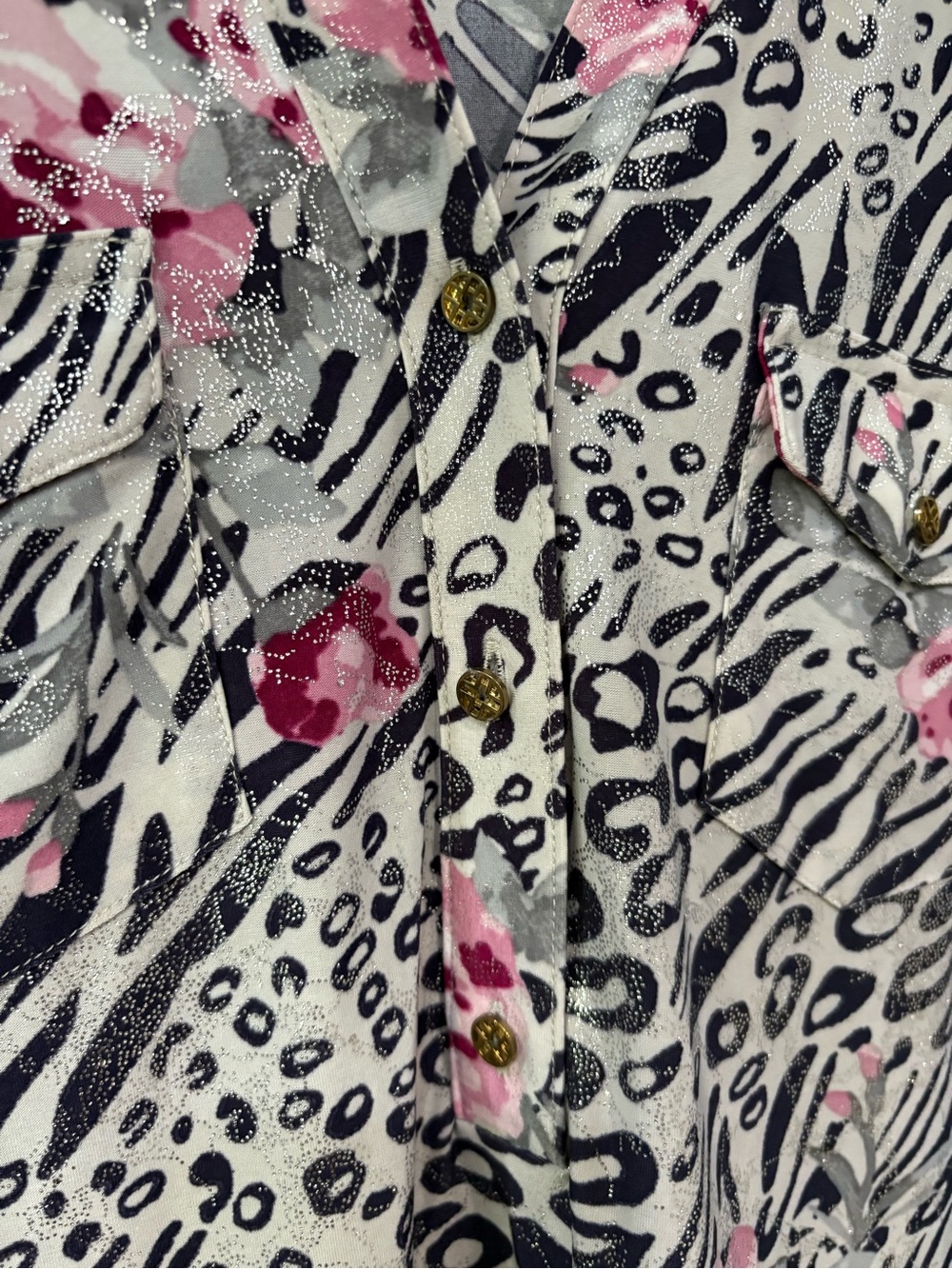 Navy Animal-Print 3-Button Front Top with Pink Floral and Silver Accents - Picture 5 of 8